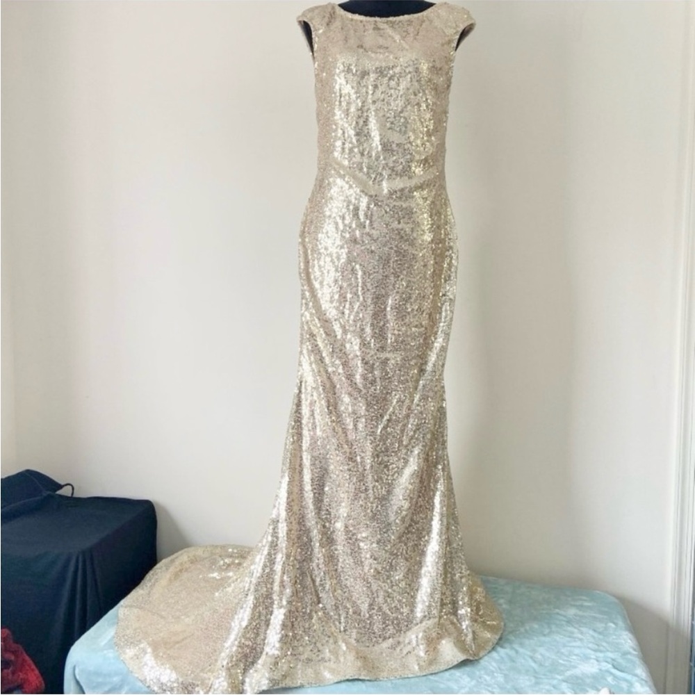 Gold Sequin Formal Gown Prom Bridesmaid Dress Low Back